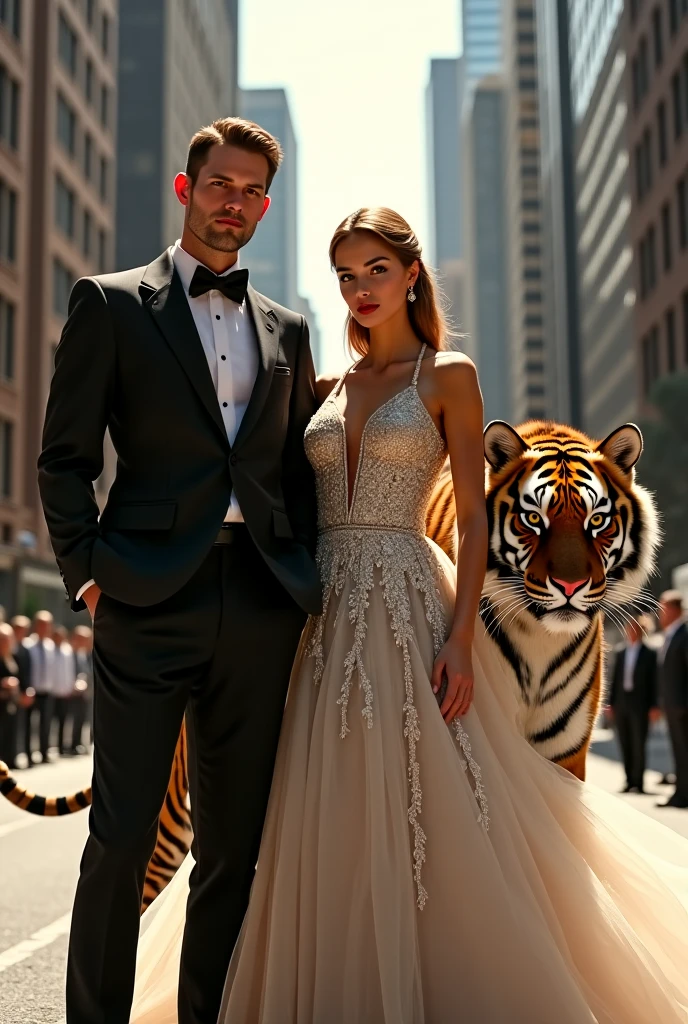 Woman dressed in an elegant black suit and a wolf to her right, On the other side a man dressed in an elegant white suit and next to him a tiger, 
 