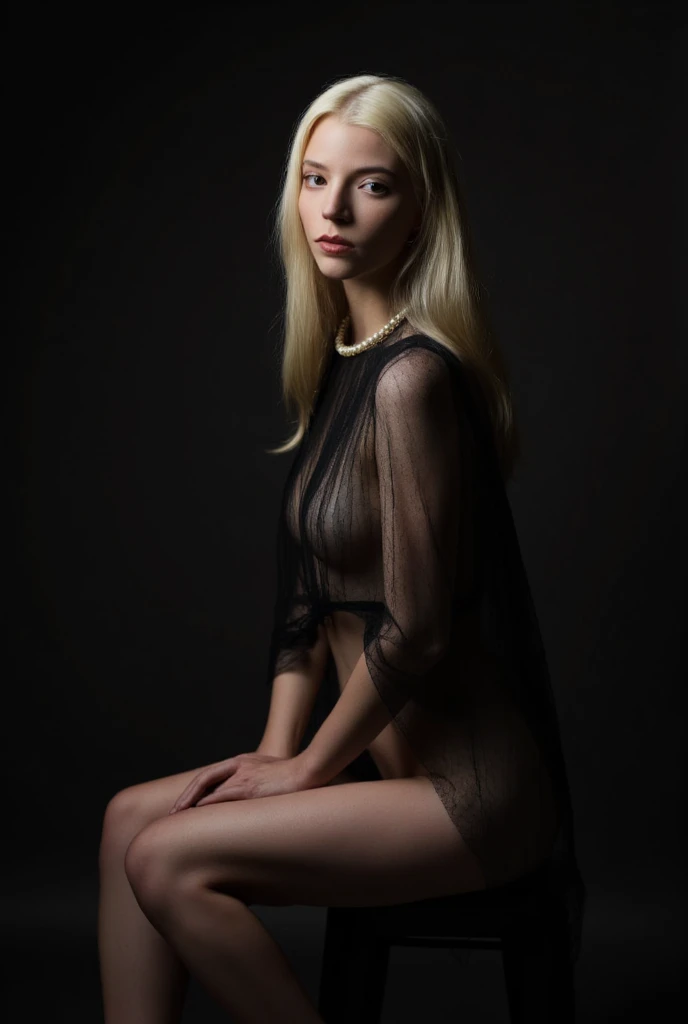 Full-body image of a woman at an art gallery opening. She has long platinum blonde hair, styled sleekly, and captivating blue eyes. Dressed in a sophisticated black velvet gown and minimalist jewelry, her appearance is chic and refined. Her makeup is artistic, with a bold red lip. The shot captures her from a three-quarter angle as she admires a piece of modern art, reflecting her cultured side.