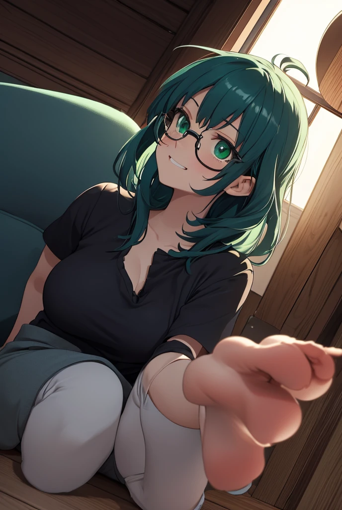 1girl, solo, 53 years old, milf, teal and green hair, messy hair, asymmetrical hair, ahoge, very short hair, aqua eyes, medium breasts, pale skin, glasses, bed, eyes closed, sleeping, asleep, darkness, night, pyjamas, loose clothes, on back, arms up, warm lighting, volumetric lighting