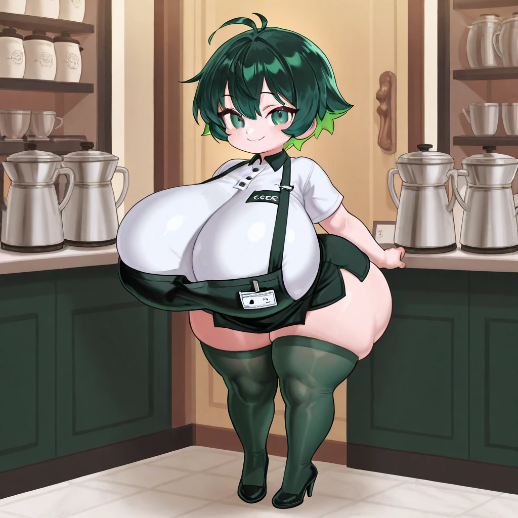 a tall woman temple teacher I learned wind air blower leaf long black hair her green eye wears a green sleeveless shirt with a button and a long green maxiskirt with a black heel