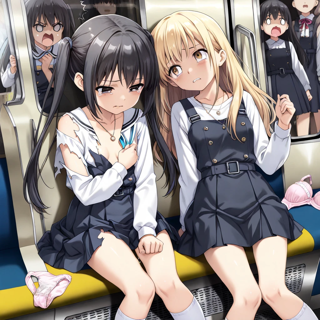 Highest quality,(Beautifully detailed white ),They look at me teasingly.,(Stupid smile),on the train,(They are excited to show their pantiesThey force me to masturbate in ies),(There are thre staring at me),(The smell of a woman's sweat fills the air),(steam)、High humidity,evening,Dark car interior,They are sitting in the seats,cum on panty
