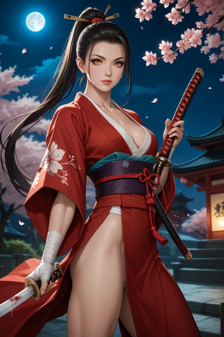 Create a professional photo of a woman wearing Mai Shiranui's outfit, cerulean, with Gal Gadot's face and wonderful breasts, big lips.