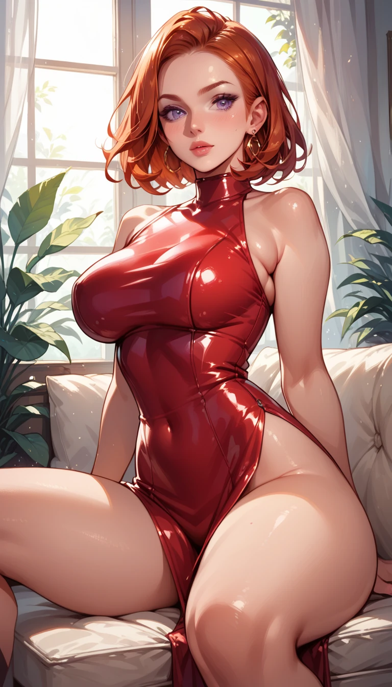 A beautiful girl with short red hair wearing a bunny girl costume, posing in a bedroom with pantyhose, medium chest, and bunny ears, photographed from below, (best quality,8k,highres,masterpiece:1.2),ultra-detailed,(realistic,photorealistic,photo-realistic:1.37), HDR, studio lighting, vivid colors, bokeh, portraits, have sex:1.5, NSFW, pushup