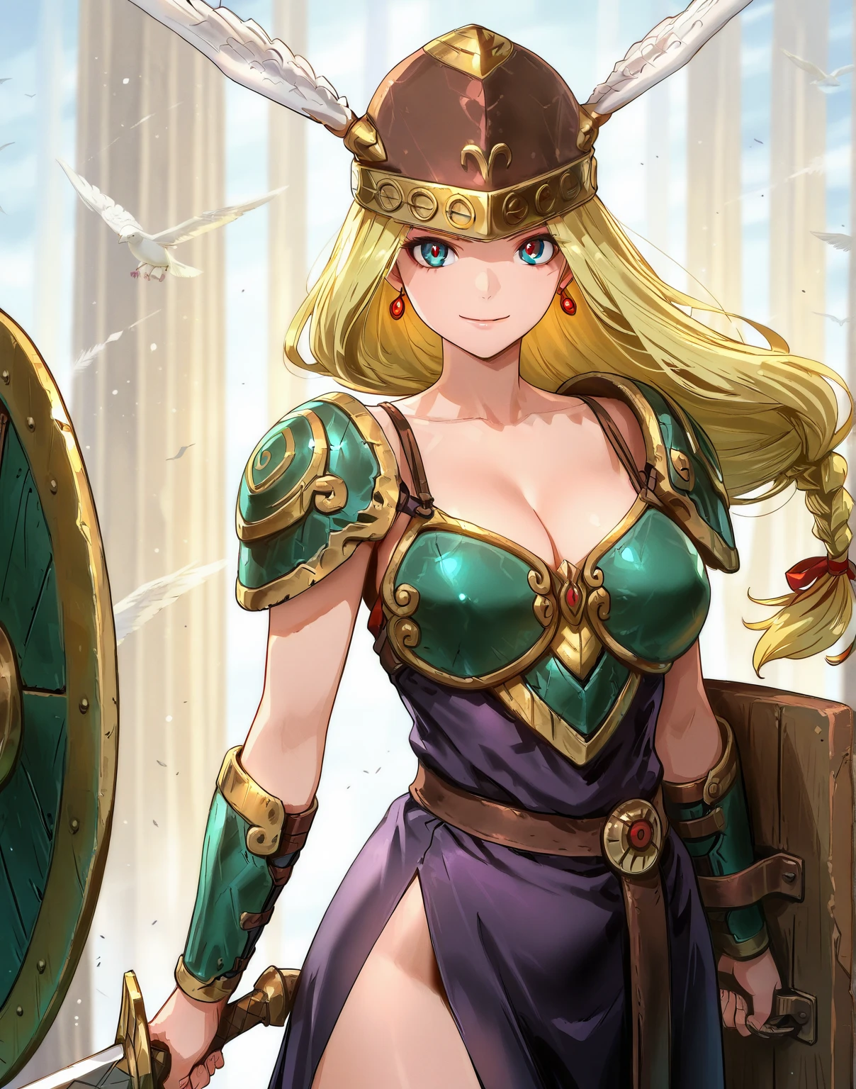 masterpiece,best quality, 1girl, 18yo, beautiful girl,BREAK,(Armor:1.8),(Helmet with wings:1.7),(Beautiful blonde,braid,Green Eyes:1.5),BREAK,(Bikini Armor,navel exposed,voluptuous bust,thin waist:1.4),BREAK, (blue sky:1.2),(Running on clouds:1.3),(blue skyに舞う:1.3),