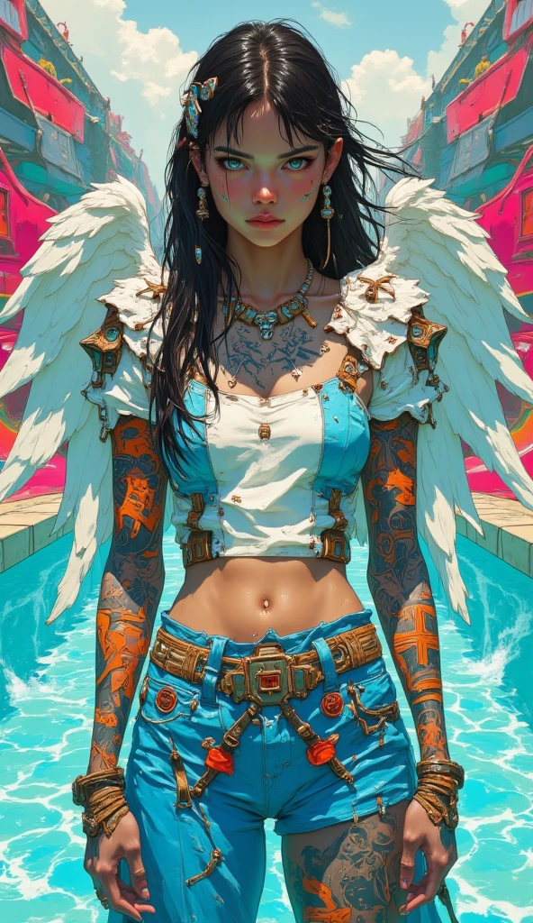 realistic, 4k, an angel with big wings, a sword, a hood over his head in the background image of a war (chaos)
