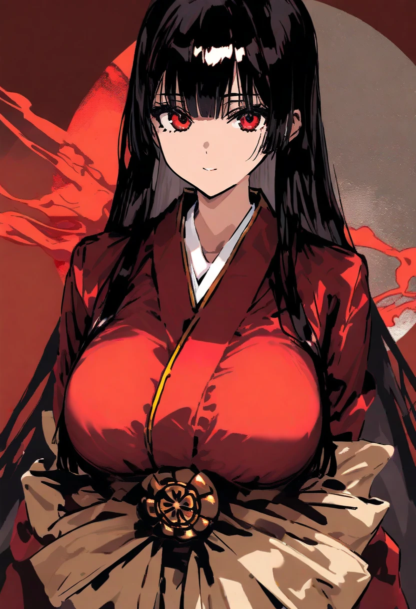 Samurai woman with gigantic round breast that are twice the size of her head, she has extremely wide hips, she wears a long dark hakama that covers her body, holding katana, she has a serious look on her face, ready for battle