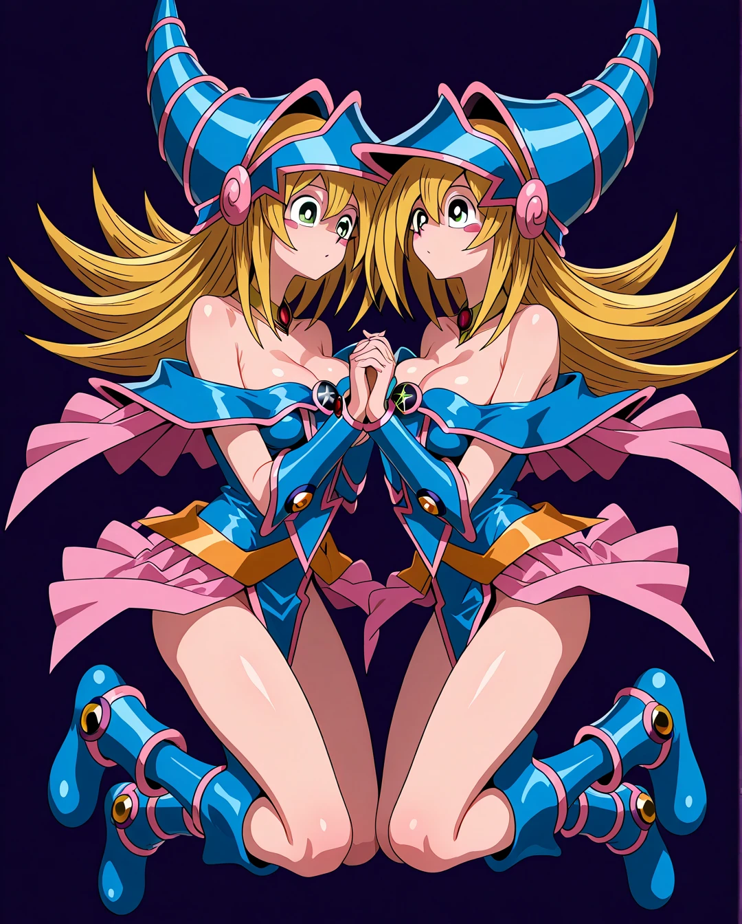Dark Magician Girl with Closeup of a woman in pink lingerie posing for a photo, seductive anime girl, soft and pink skin, anime barbie in white stockings, photorealistic perfect body, blonde hair and cyan eyes., beautiful and seductive anime woman, big oppai, beautiful seductive anime teen, pink body, cyberpunk oppai, Realistic 3D anime, Hyper-realistic full figure