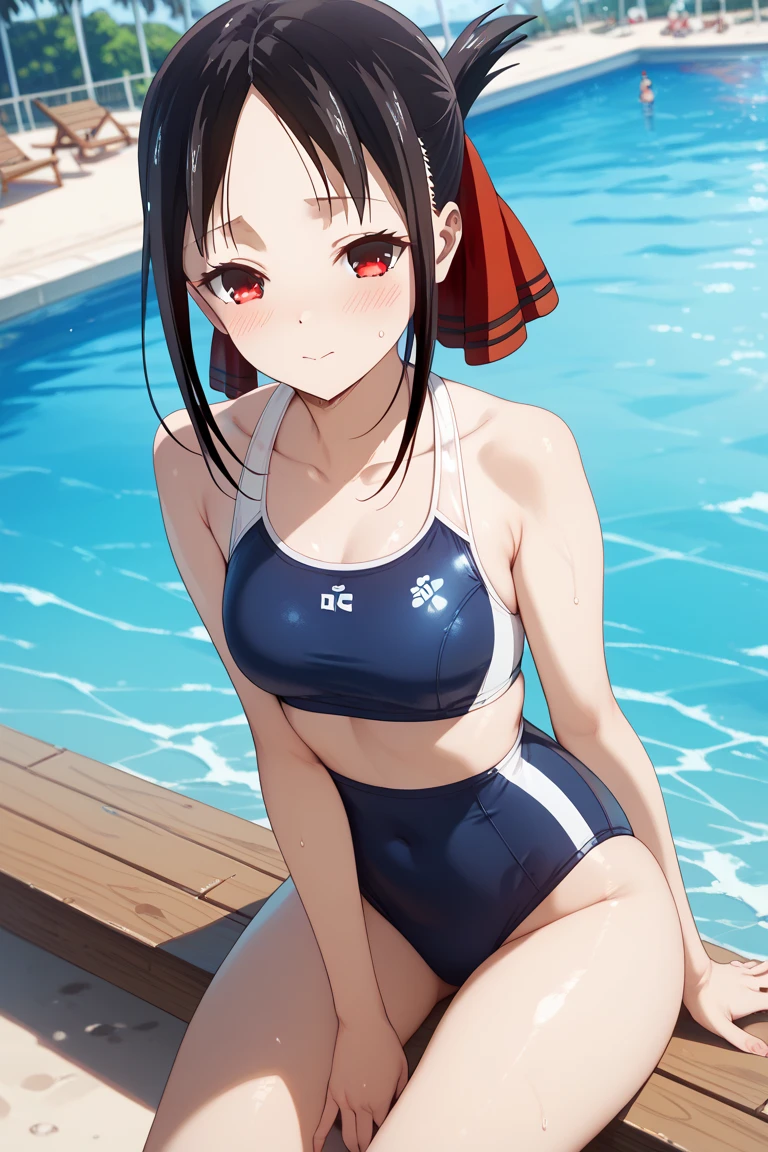 (Perfect body),highest quality,16K,((upon))、((blush)), (((Black eyes))),(Red Bikini),((((Black Hair、Brown Skin)))),Are standing,Sweat、(((Small Tits))),Big Ass,cowboy_shot,Forehead、((((Pigtails))))、Ahoge,((Big Ass、wide hips)),、(Thick thighs)、blush,(((he is short))),Poolside、lying on the ground
