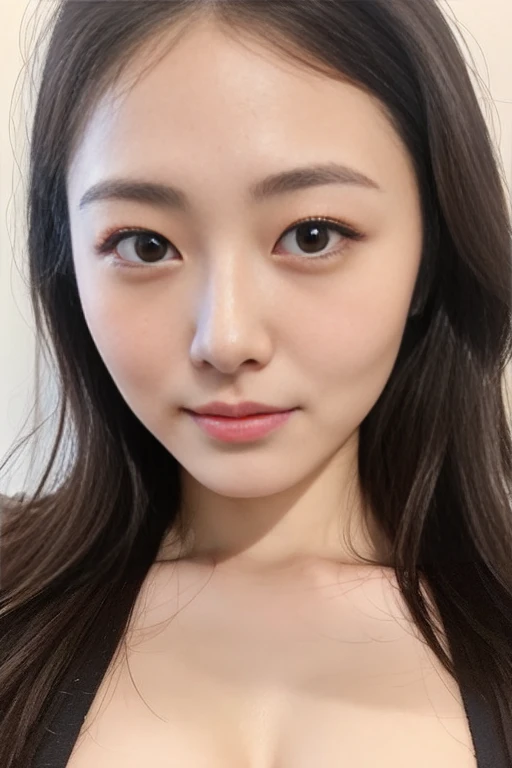 highest quality,masterpiece,Ultra-high resolution,(Realistic:1.4),Beautiful lighting, (Highly detailed CG Unity 8k wallpaper), Beautiful face in every detail,Detailed clothing, 50mm portrait photography, No background、One Girl,Big black eyes, cute, young, stop temporarily, Facial Lighting, Physically Based Rendering,Written boundary depth , Black Hair, Medium Hair, ((Take from above)), Japanese women、20-year-old、camisole、(Big Breasts)、(Upper Body)、Young and beautiful woman taking a selfie, Taken with iPhone camera、In front of a white wall
