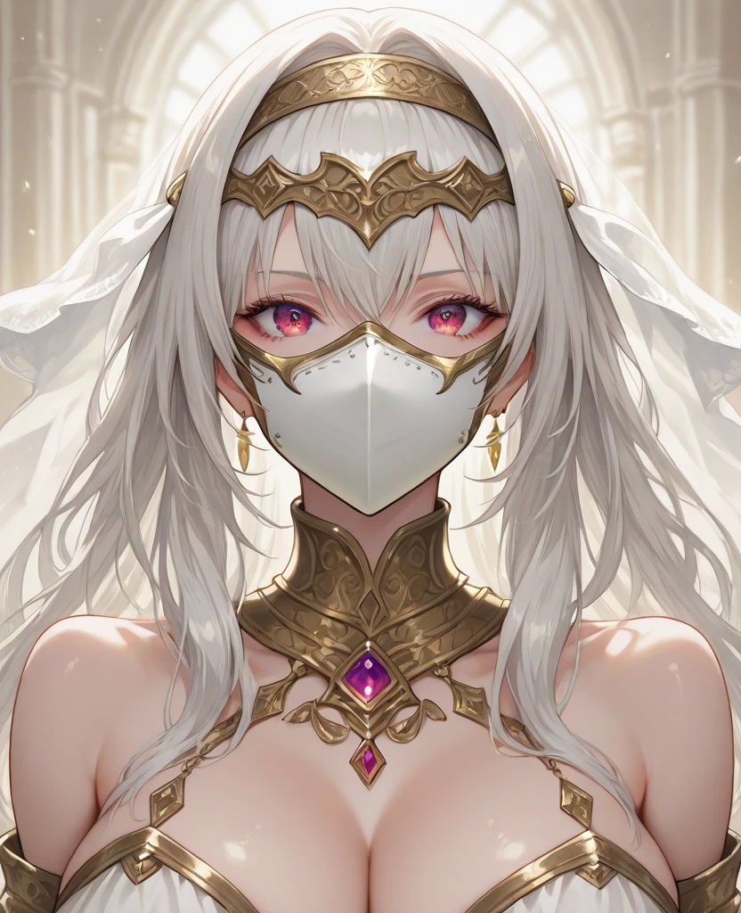 masterpiece, best quality, very aesthetic, absurdres, Epic,movie light,,,Sword Maiden, long hair, blindfold, dress, white dress, habit, jewelry, black blindfold, necklace, detached sleeves,in bedroom