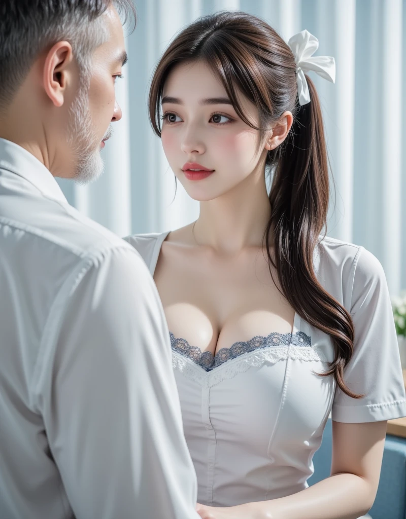 Realistic beauty doctor、Amazingly beautiful、 Doctor's white coat,, (quality、8K、32K、masterpiece、north african free trade area:1.3)、超高分辨率,(真实感:1.4),Original photography, 详细的脸,,beautiful hairl, ((Doctor style)), Clear buttoned shirt, Tight skirt、 natural makeup, , Plump、Inside the hospital, detailedbackground, perfect litthing, depth of fields, Beautiful shadow gradient,stethoscope , ((full bodyesbian捕捉)), full bodyesbian, pair, , Eyes looking at the camera, detailedeyes, pretty eyelack in color吊带丝袜，black in color