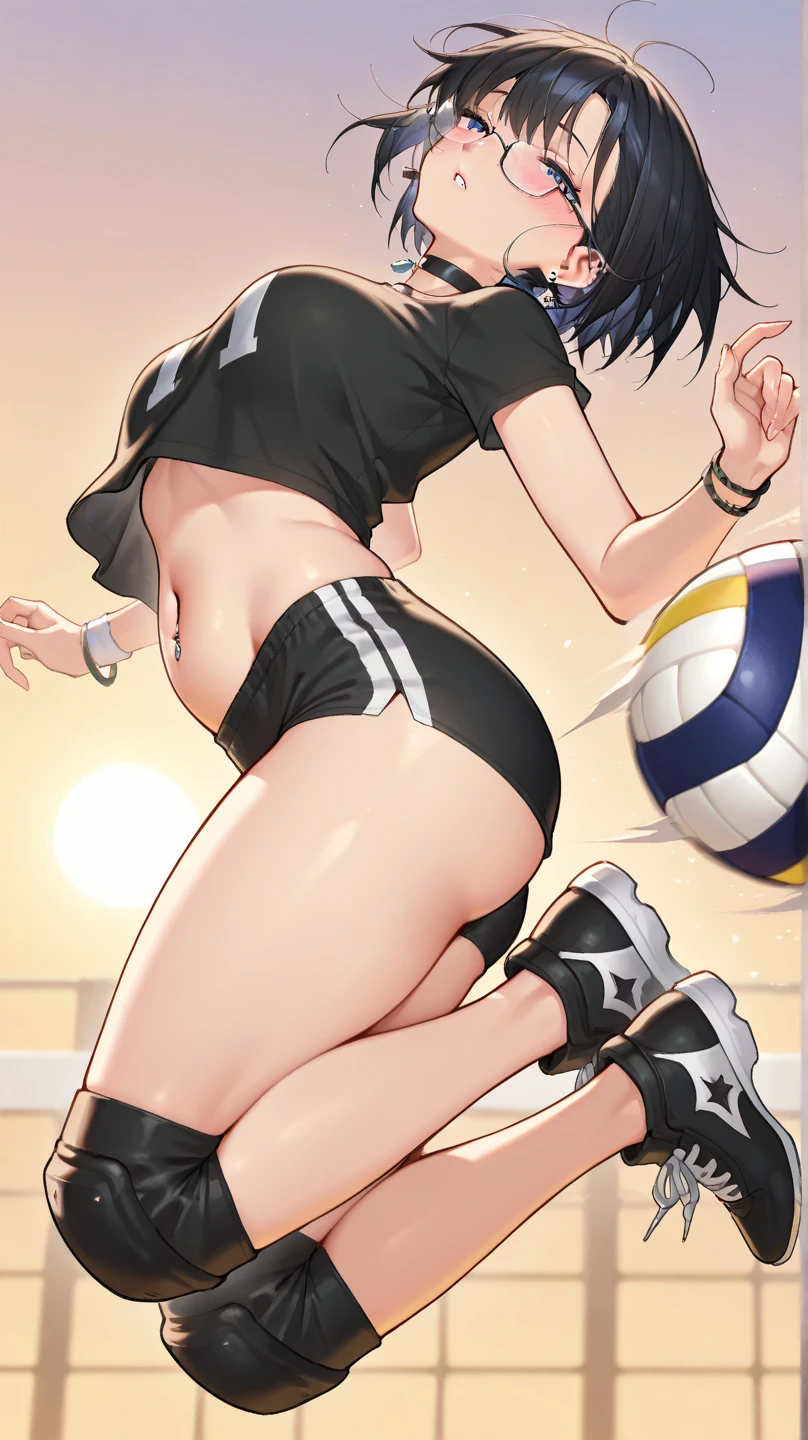 (8K ,Ultra-detailed,ultra real photo,Best masterpiece,natural,Perfect artwork,Perfect female body),Sexy female volleyball player、short black wavy hair、super fit volleyball uniform、low chest,Open collar,Wear volleyball shorts、an sexy、ssmile、Sexy pose on volleyball court,humongous large breast,,Beautiful long legs,Tall figure,full-body shot,