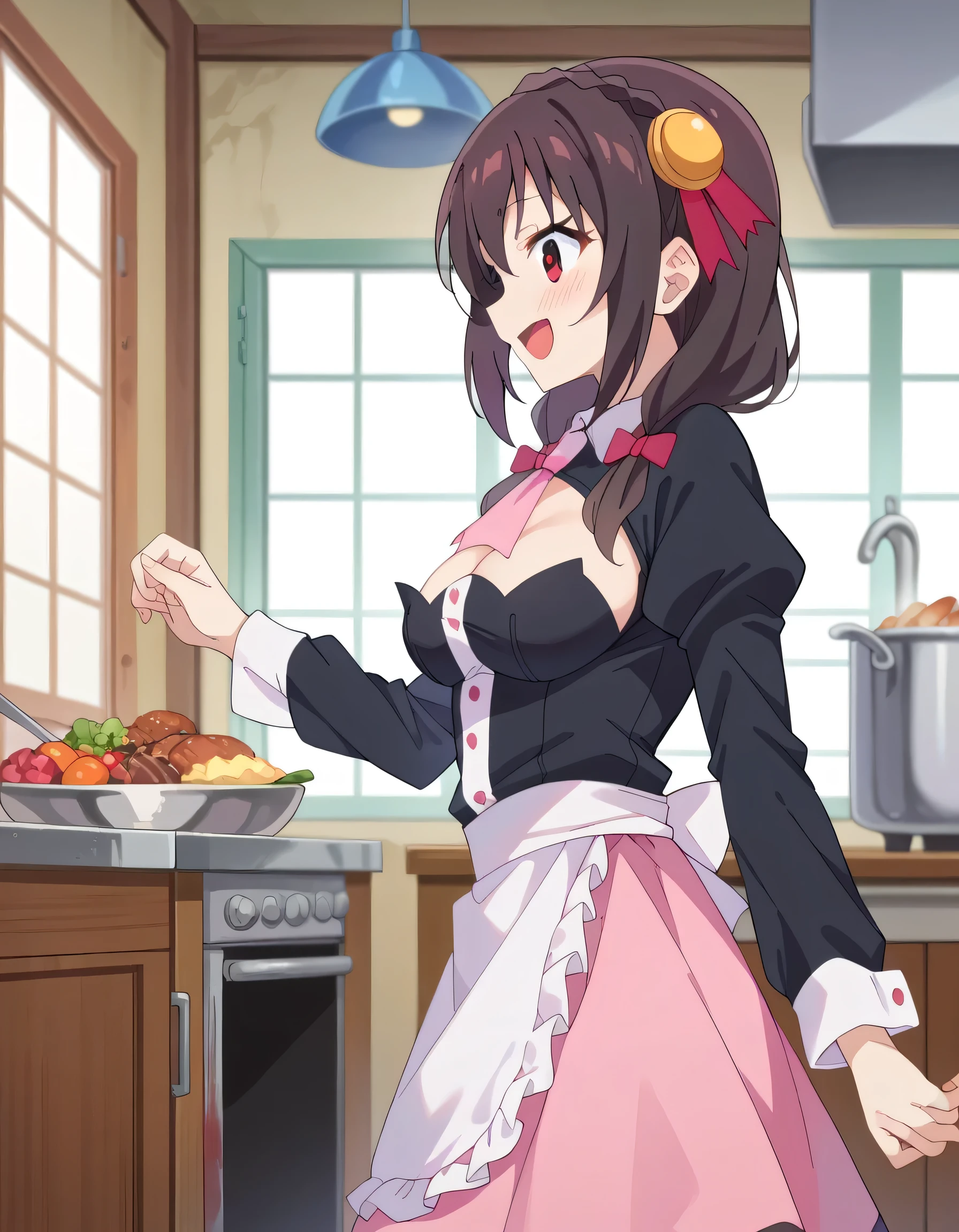 (masterpiece, Highest quality), One girl, Yunyun,Long Hair,Braiding,Twin tails,Hair between the eyes,Red hair ribbon,hair ornaments,large round breasts,、Pink Skirt、Black Hair、Red Eyes、(A face that is trying hard:1.2)、Cooking in the kitchen、Crown Blade,White apron、Cleavage cutout、cowboy shot、(blush)