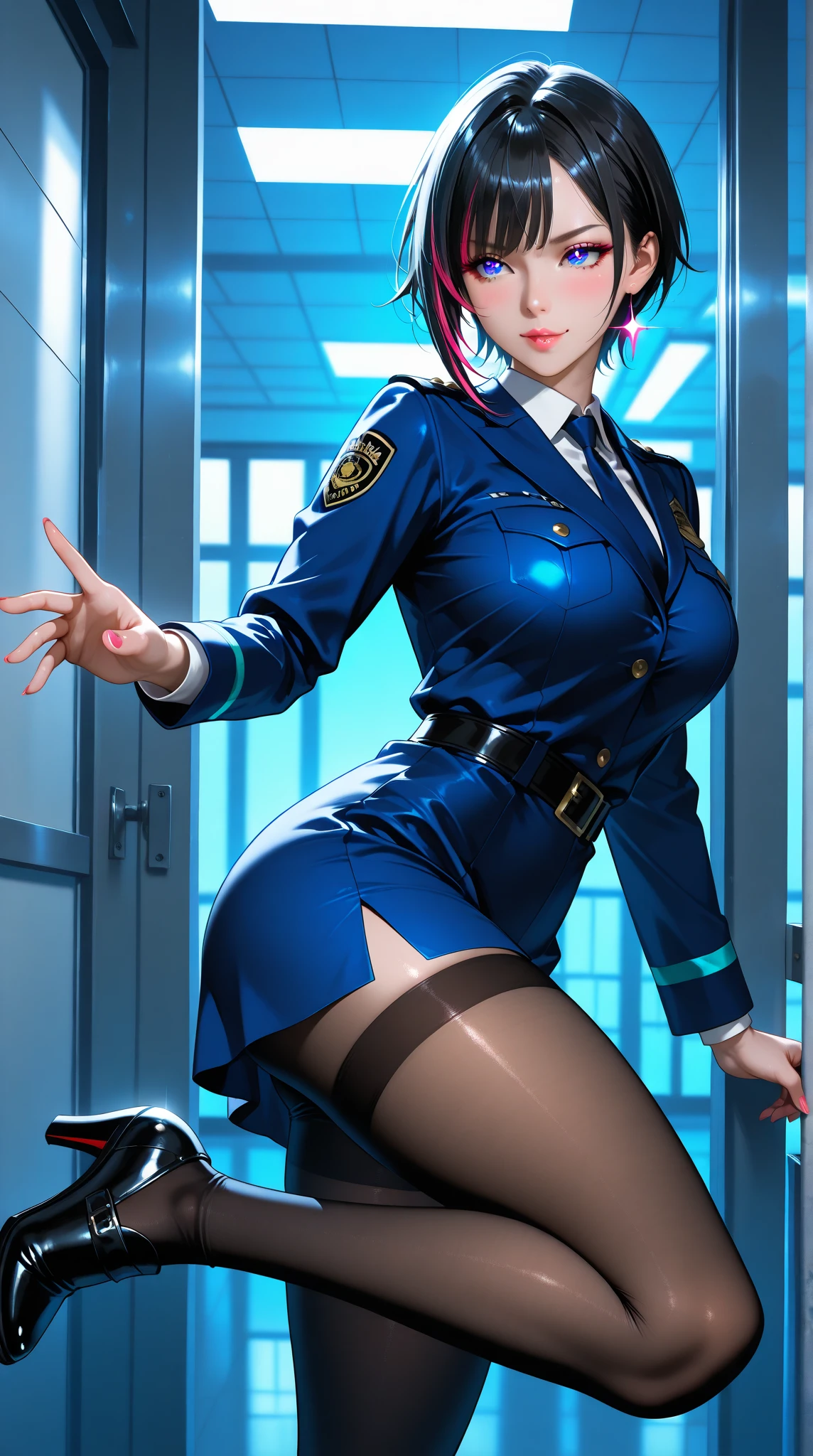 NSFW,Hololive,Towa Tokoyami,police officer,policewoman,Fishnet tights,Tight Skirt,Heel,Are standing,leaning forward,Holding hands,（Ahegao:2）,Cumming face,Sweat,1 male,have sex,Towa Tokoyamiが後ろから男性にちんこを挿入される,4K