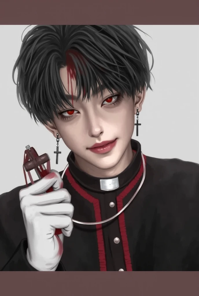 boy with clear blue eyes,Priest white robe,There are blood stains on the white robe,Realism, crazy,meticulous,