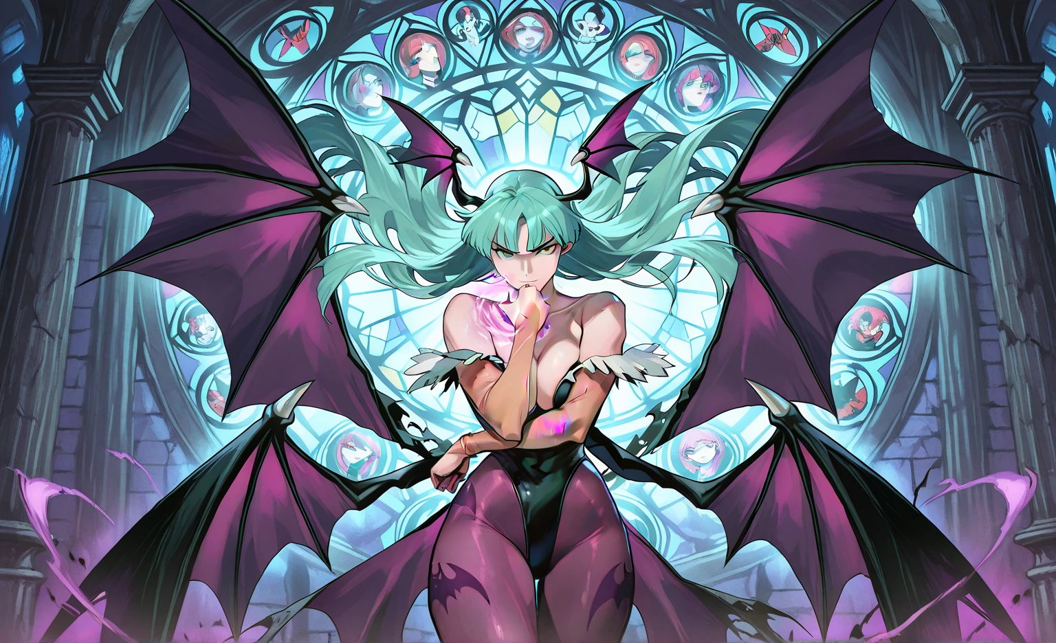 Armpit Show,(masterpiece, Best Quality;1.3), Very detailed ,Ultra-detailed, One girl,only, Watching the audience, Morrigan Aensland, Night view, Flores, Sparkling