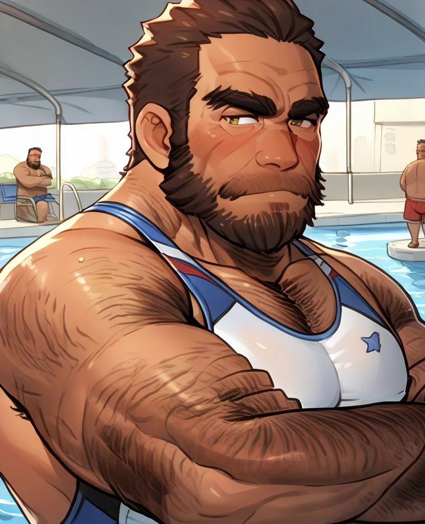 male, (mature daddy swimming coach), (naked upper body), (wearing swimming underwear), handsome, muscular, hairy, (blush), (posture with arms crossed), (ashamed because of his bulge), middle aged man, homoerotic, Standing, realistic, night, delicate eyes, hairy legs, Lower head and look at his erection