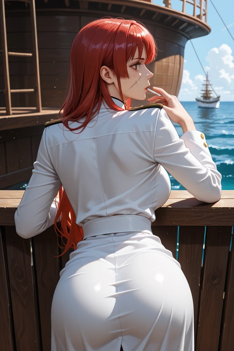 White gloves, red eyes, white jacket, white skirt, best quality, masterpiece, Highly detailed, illustration, absurdres, white military uniform, white uniform, white hat, standing, solo, 1girl, standing at attention, expressionless, blank eyes, looking at viewer, emotionless, corruption, mind control, female combatant, full body, hypnotized, unhappy trance, perfect female body, extremely glossy latex, belt, hypnosis, hypnoLora, empty eyes, Mind control device, thigh high, Bleach, Quincy, thighhighs, tight miniskirt, hat, dark persona, (((pixel-perfect, detail-perfect))), solo, 1girl, hair ornament, inoue orihime, long hair, orange hair, (grey eyes:1.5), large breast, huge breast, (((from behind, from back, ass, looking from back, view from back)))