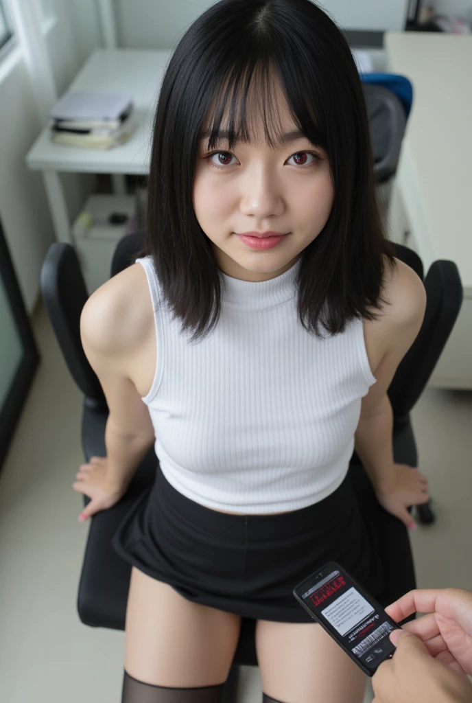 (masterpiece, best quality, extremely detailed, 8k portrait, Japanese android girl, Chubby, cute detailed face, dimpled smile, small white Tank Top, ample round bosom, control panels, gentle human right arm,robot, android, cyborg, white robot body, blunt bangs, robot repair plant, kneel high socks (almost closing eyes:1.5))