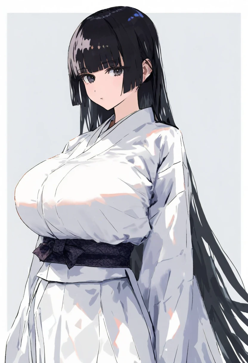 looking at the camera、When I Look at You、lookatviewer、Anime Style、1 girl, (Huge breasts:1.2), (White kimono)、Low Angle、Black-haired、blush, whole body,Round Breasts、smile、In the heat、(Sweat:1.5)、whole body、Straight Hair