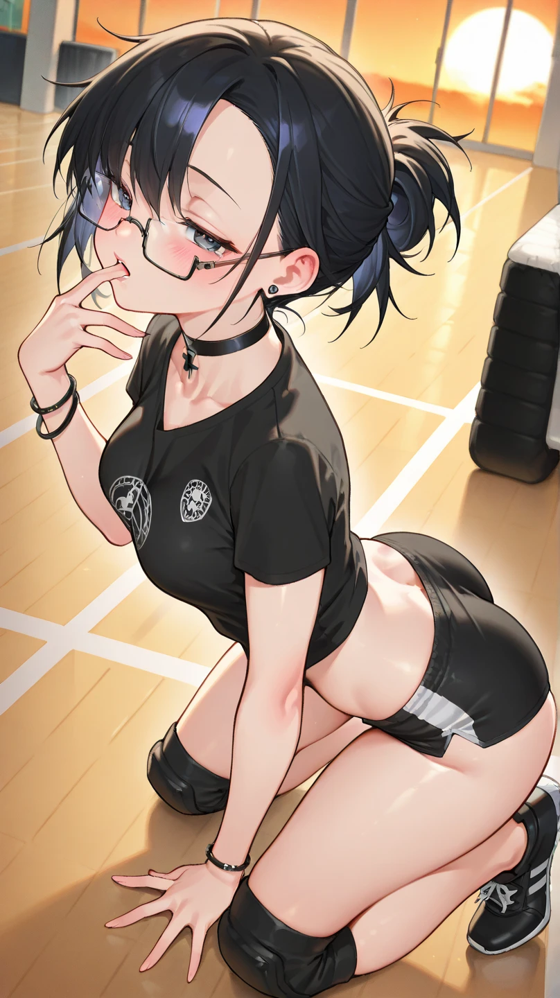 nsfw,(super fine illustration,8K CG wallpaper,best quality,extremely detailed,ultra high res,best aesthetic),(cowboy shot,from front),idolmaster, {{{haruna Kamijo}}}, (20yo, beautiful girl), (beautiful brown eyes),((beautiful black hair)), ((short hair)), (((bule rim glasses))), (wet hair), (wet skin), ((sweat)), (steam), (flat chests,midium breasts), (tall), (slender), (((bule cyber suit))),((open clothes)), ((pubes-hair:1.6)),((on stage)), ((((spread legs)))),((spread pussy:1.3)),(open mouths), (a big smile), (stick out tongue),(feel good), (one eye closed),(blush),(singing),((microphone)),(headset),(cum on body:1.1),ass,