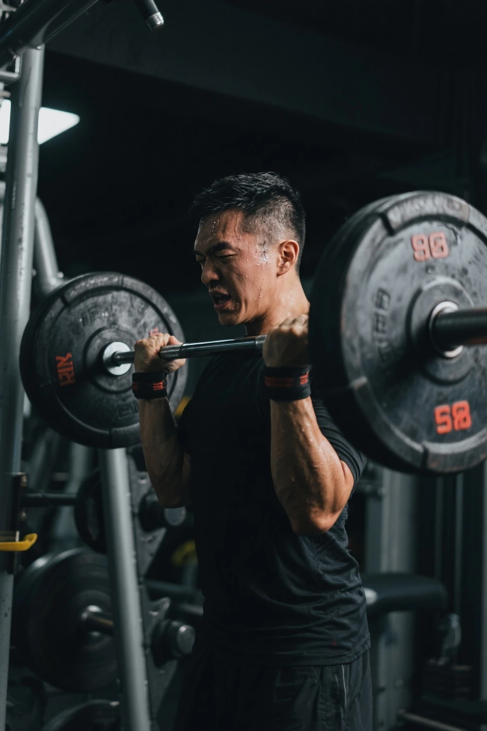 Handsome Chinese man in orange shorts and no shirt holding a barbell, Strong legs, Muscular thighs, incredibly strong and tall, Strong and tall, chest legs, Legs and arms, Muscular legs, body is strong and upright, workout, Tall and strong, athletic and strong, in the gym, powerful stance, Strong body, fit pic, Body movement,And sweaty