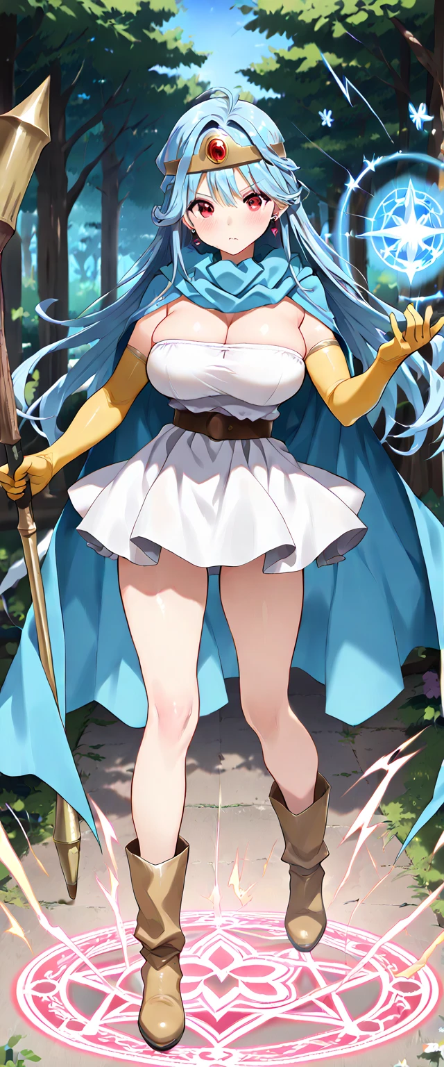solo, 1 skinny girl standing, tiptoe, swaying back, arms down backward, BREAK, bluesky, long straight hair, blunt bangs, circlet, red eyes, BREAK, (bursting disproportionately gigantic huge breasts:1.3), BREAK, bared narrow shoulders, collarbone, skinny very long legs, white too short dress, too short skirt, white thighhighs, (white arm covers:1.2), belt cinches waist too tight, BREAK, nsfw, looking at viewer, slipping vagina, orgasm