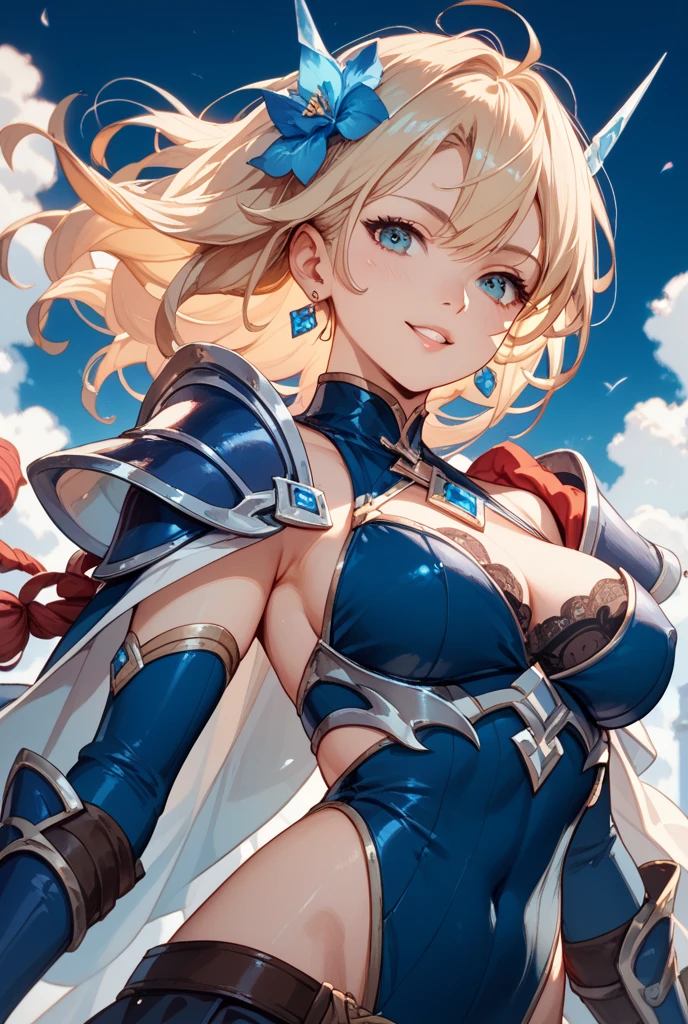 masterpiece、Highest quality、Ultra-high resolution、Maximum resolution、Very detailed、Professional Lighting、anime、Adult female、thin、so beautiful、Beautiful Eyes、close your eyes、Beautiful Face、long blond、Feather hair ornament、Blue breastplate、White mini skirt、Red panties、Red high heel boots、White long gloves、Red Cape、Dynamic fighting pose、smile