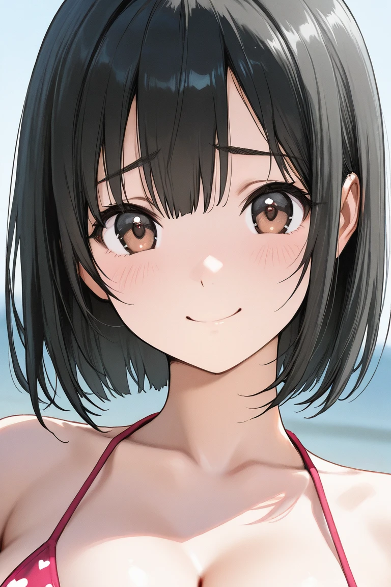s old,Girl,,Flat Chest,Micro Bikini,Highest quality、High resolution、Detailed Background、Beautiful face in every detail、Teenage Beauty、Black Hair、Bobcut、Big smile、boost mood、 Summer sun、Shining Sea,Hands behind back