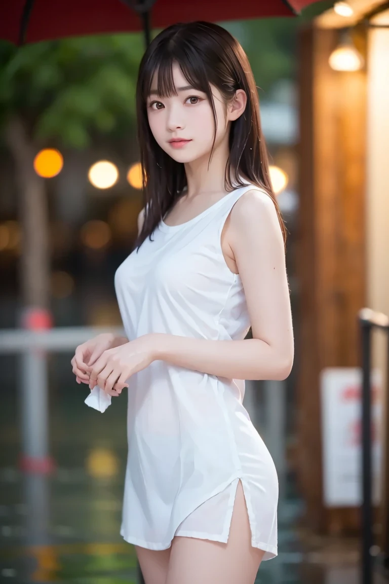 ((masterpiece)), ((best quality)), ((ultra-detailed)),((hyperrealistic)),(japanese cute girl),(shiny skin),1girl,(forehead),black hair,long hair,(black big eyes,tareme,droopy eyes),(small breasts),15 years old,dynamic angle,neat and clean,(white t-shirt,thigh gap),cityroad,arms behind back,smile,In a daze,miniskirt,ass,