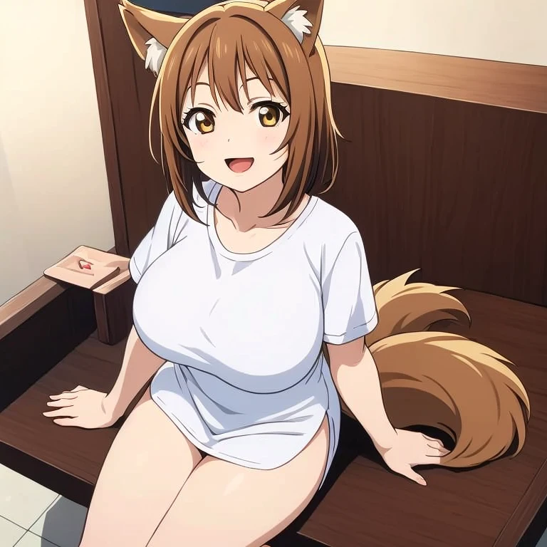 horo, 1girl, barefoot, anklet, sitting, wariza, feet, bed, jewelry, pants, open_mouth, capri_pants, dark, blush, fireplace, and big huge massive largest breasts