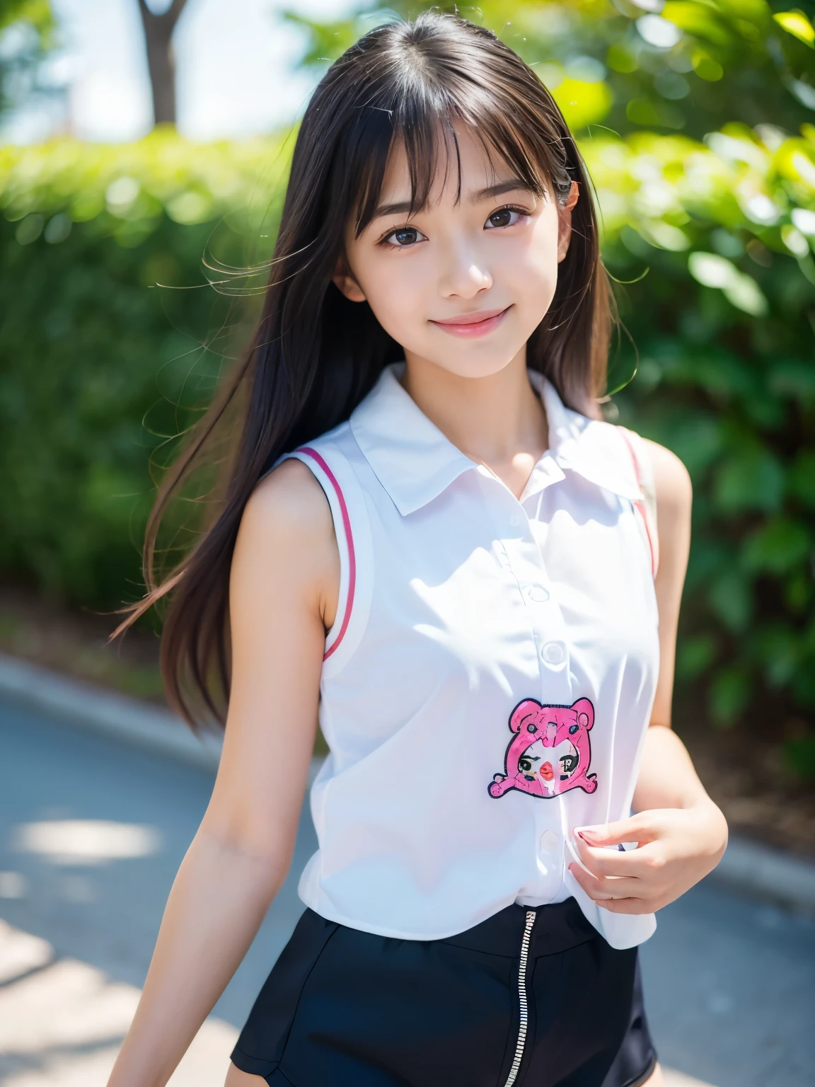 cute, girl, elementary school student, black hair, twin tails, white short-sleeved T-shirt, shorts, small bust, bare legs, blush, smile, shiny skin