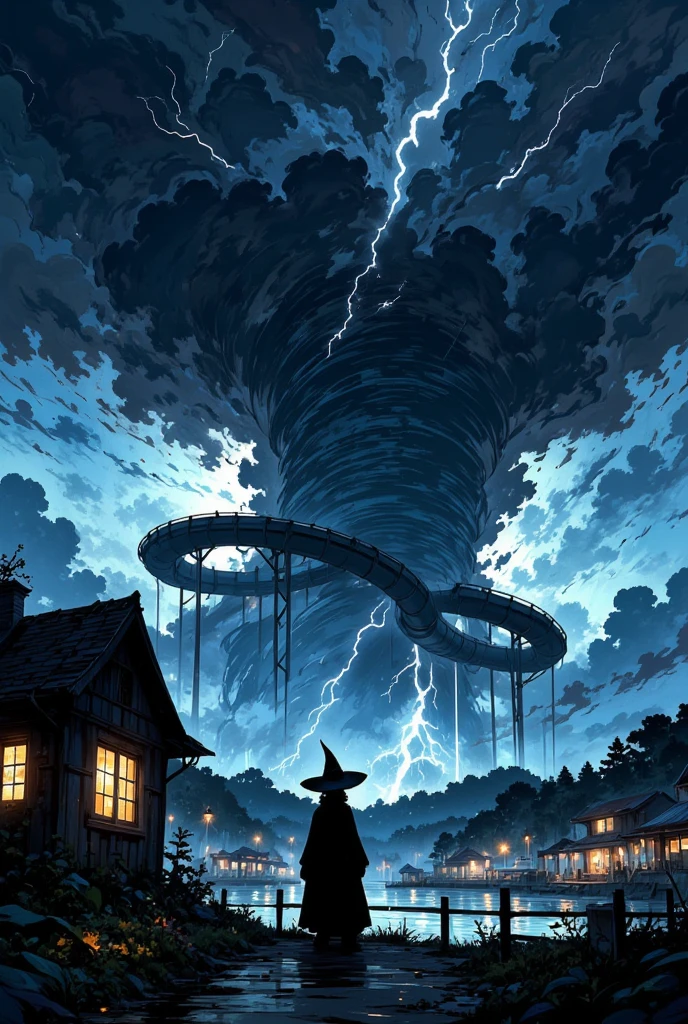 midnight, thunder_storm, (silhouette of water park:1.2), Painting of a water slide flying in night dark sky,  very detailed digital painting ,  a beautiful art illustration ,  very detailed digital painting , Landscape artwork, (detailed silhouette girl with witch hat and robe on hut in landscape),  moody cartoon scene ,  hurricane storm clouds , by Max Dauthendey, Stormy day,  illustration hd wallpaper 4k , stormy sky, stylized storm, CG, 16k, Illustrated in a thick line drawing, picture-book style, gentle watercolor texture, gentle color ooze, and warm paper texture, calm and heartwarming atmosphere,Illustration Style