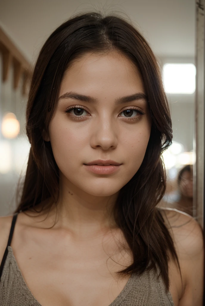 Foco facial, Louco por amor, , sem roupa, Linda garota escandinava loira, esmagadoramente lindo, Lindo cabelo loiro super longo, liso e sedoso、Franja loira sobre os olhos、Cabelo loiro sobre um olho、cabelo loiro entre os olhos、tem decote, arms behind the head, baixo contraste, (shy and cheerful expression:0.8), hair elastic, mais alta qualidade, ultra-high resolution, fotos realistas, muito detalhado, 8K, Foto CRU, Anatomia perfeita、so cute, O Brilho, Olhos azuis claros muito brilhantes、Olhos muito grandes、Beleza de rosto pequeno