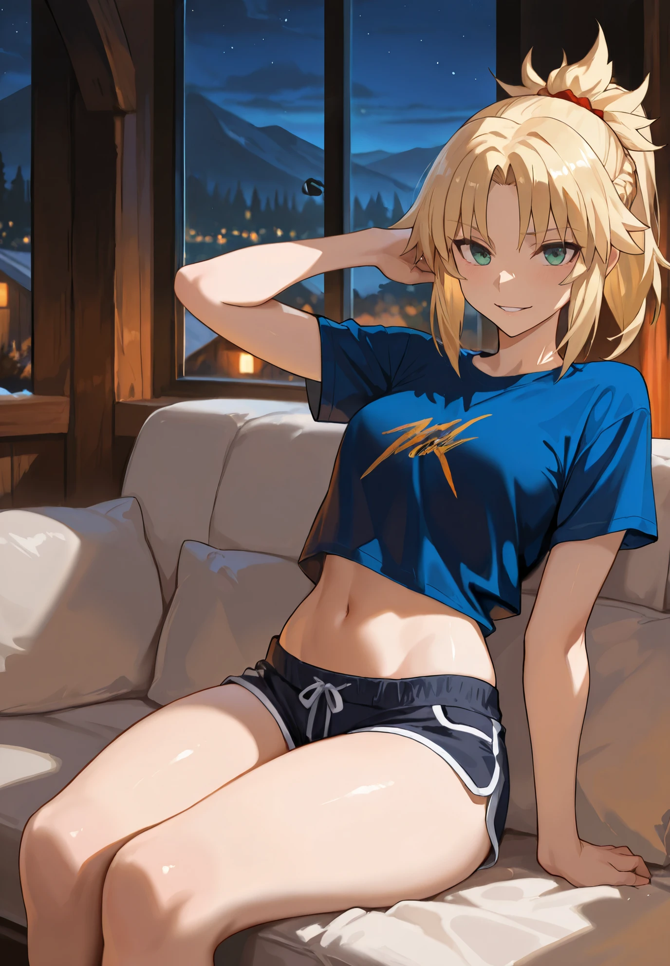 incomparable masterpiece, ultra 8k CG, perfect art, modred, (green eyes:1.5), blonde hair, ponytail, short hair, scrunchie, red scrunchie, hair scrunchie, denim, denim shorts, jacket, midriff, navel, red jacket, short shorts, shorts, tube top, black line white top, high res, ultrasharp, 8K, ultra high resolution, beautiful detailed eyes, hyper-extreme details, best quality, perfect illustration, an extremely delicate and beautiful, extremely detailed, CG, 8k wallpaper, amazing, finely detailed, official art, huge file size, ultra detailed, extremely detailed, beautiful detailed girl, extremely detailed eyes and face, smiling, sunset background, hill background