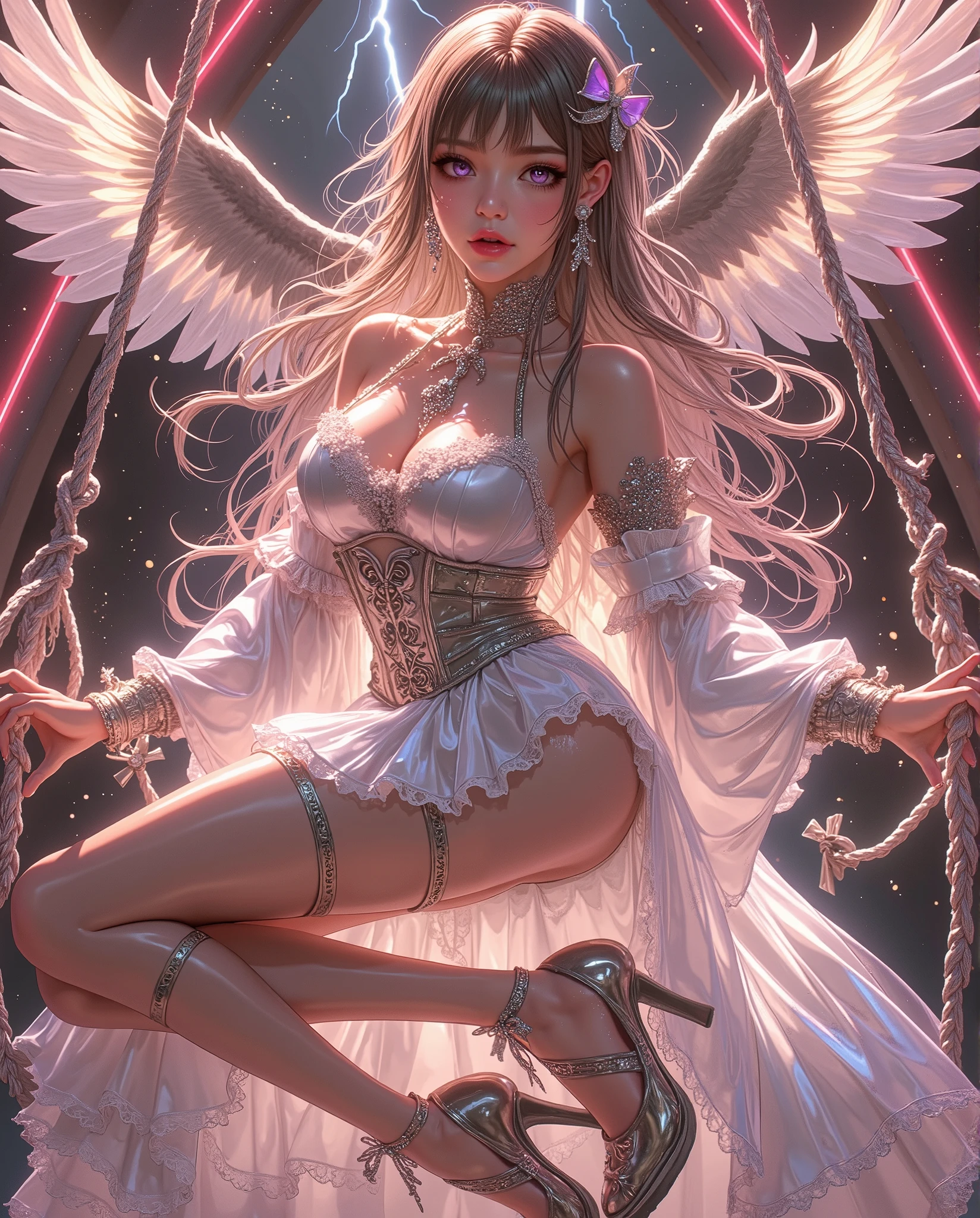 ((Highest quality)),(Ultra-high resolution),(Very detailed),(Detailed Description),((The best CG)),(A masterpiece),Ultra-detailed art,Amazing painting art,(Works with precise details:1.5), (1 female:1.6),(Beautiful and well-proportioned face:1.5),(Intricately detailed sexy lace dress:2.0),Fine jewellery with exquisite detailing:1.5,Waist Accessories:1.5,Look at me and smile:1.5,  (See-through nipples), Angel Girl, (((Magnificent white angel wings on his back:1.2))), Mature Woman,Descended into the church,(Pastel colored hair:1.3),(Red and black long high heel boots:1.4), (garter belt), (stockings)、 (Floating in the sky with magical powers:1.2),(Floating skirt:1.5), (Embarrassed expression, blush:1.2),（bracelet), (Sparkling Eyes)、(full body)、(multiple views)