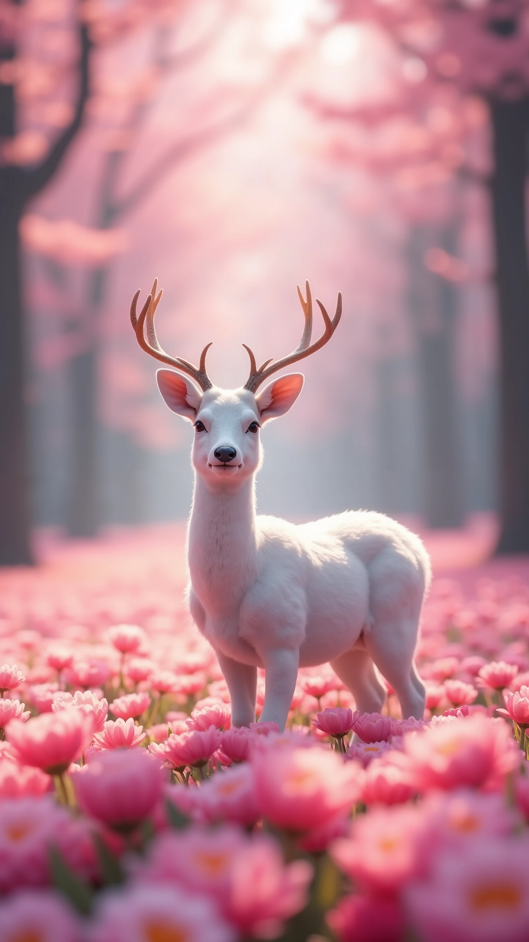 tamago cloth 、Creature Photos、Beautiful white deer、magicのファンタジーの森、Digital Art、the most amazing artwork in the world、((not human))、Forest flower field 、soft and balanced pink、Forest Scenery、Seven color flower 々、Ultra High Definition、8k octane rendering、magic、wonder、flowers can be seen in 7 colors、complicated、complicatedな、complicatedなデザイン、 super sharp 、soft light shines in、 Cool colors 、CG Social Trends、Shining Eyes、((Highest Quality))、((Masterpiece))、(details)、