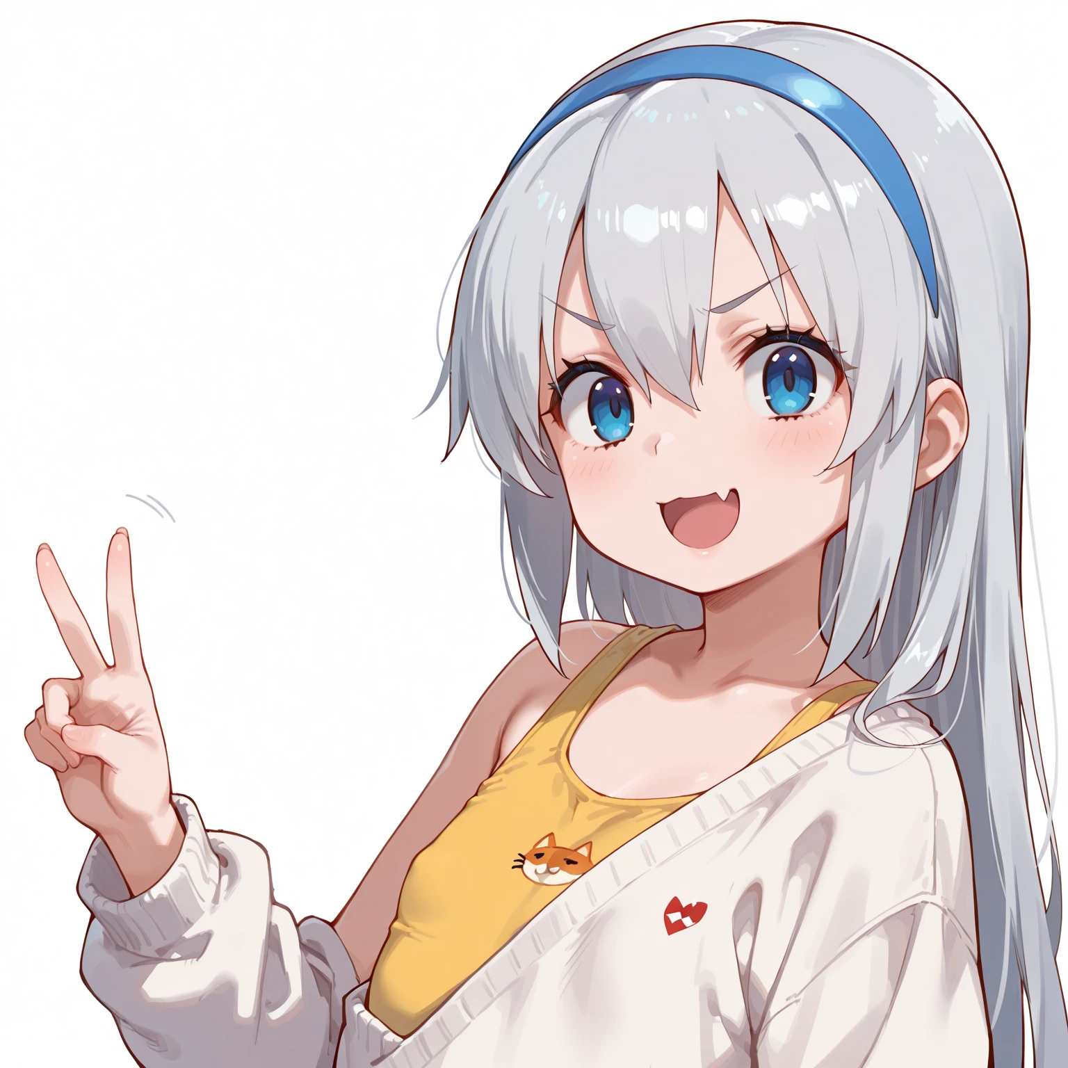 <lora:gwar gura by goofy ai:0.9> , gawr gura, grey hair, hair ornaments, two side up, streaked hair, blue eyes, shark hair ornament, hair ornament, hoodie, long sleeves, hood down, blue hoodie ,medium hair,
standing, small breasts, (upper body:1.1), smile, close-up, middle finger,
(high quality:1.1), (high resolution:1.1), 4k, 1girl, simple background, white background,<lora:NoiseOffset_v2:1.0>