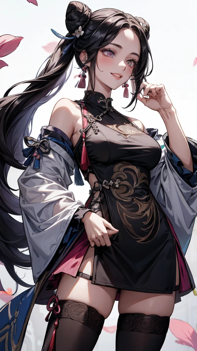 Seven Rhaeyar (Deylta), Ancient Star goddess, Perfect female anatomy (Royal, Adult Female, 166cm in height, pale skin, slim, slender, 34D breast size, She has long Black Hair, Her eyes are gray, a set of black colored horns on her head), Neutral facial expression, Elegant black uniform dress, female choker accessory, dragon motifs, silver and rope accessories, Simple Black Background, receiving light from the front, Ethereal glow, Blue rose petals, Japanese inspired