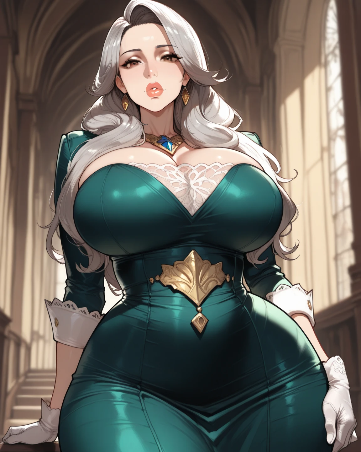 Irish woman, milf, mature, curly hair, brunette, high cheekbones, glossy lipstick, pouting, pouting lips, white pale skin, tall, curvaceous, small waist, big hips, hip dips, large breasts, big breasts, sagging breasts, wool vest, formal attire, looking at viewer, Best quality, 8k, Masterpiece, realistic, (gigantic breasts:1.2),wearing beautiful embroidery and jeweled ruffled gorgeous princess ballgown with voluminous full length hoop skirt, princess in a beautiful embroidery and jeweled rococo princess ballgown with voluminous full length hoop skirt,super detailed gorgeous princess ballgown with voluminous full length hoop skirt,jeweled Gorgeous rococo princess ballgown with long train,jeweled Gorgeous rococo princess ballgown with long train,gorgeous rococo princess ballgown with beautiful embroidery and jeweled, detailed eyes, brown eyes, green dress, detailed hands