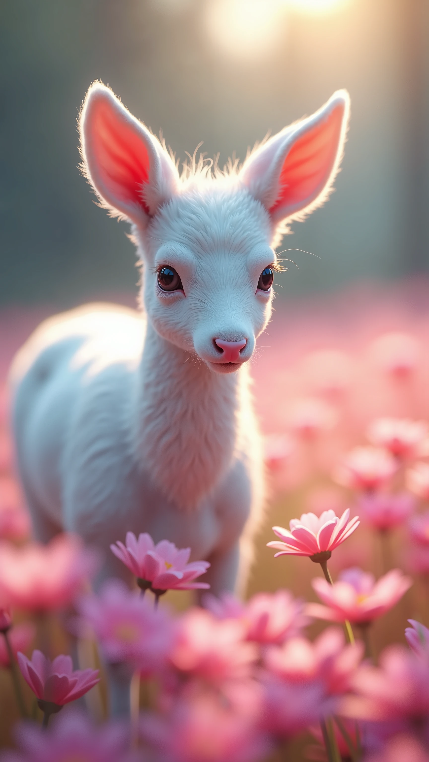 tamago cloth 、Creature Photos、Beautiful white deer、magicのファンタジーの森、Digital Art、the most amazing artwork in the world、((not human))、Forest flower field 、soft and balanced pink、Forest Scenery、Seven color flower 々、Ultra High Definition、8k octane rendering、magic、wonder、flowers can be seen in 7 colors、complicated、complicatedな、complicatedなデザイン、 super sharp 、soft light shines in、 Cool colors 、CG Social Trends、Shining Eyes、((Highest Quality))、((Masterpiece))、(details)、