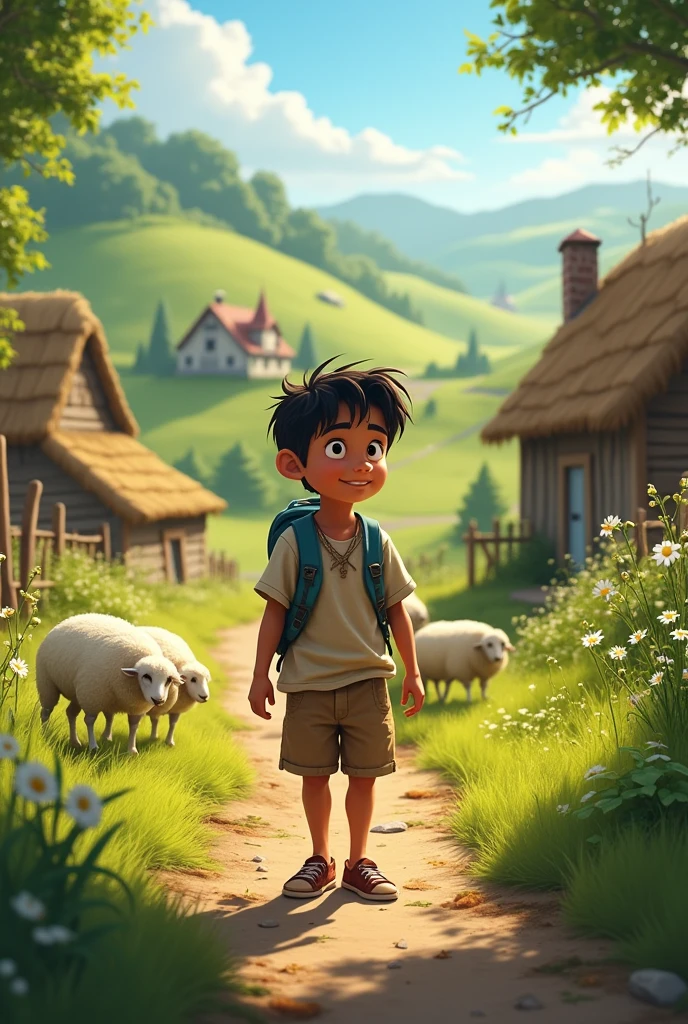 ((best quality)), ((masterpiece)), (detailed), perfect face Ravi’s 2 Simple man: A scene showing Ravi, a modest, simple boy, working in a small town with serene countryside surroundings, depicting his peaceful yet humble lifestyle.