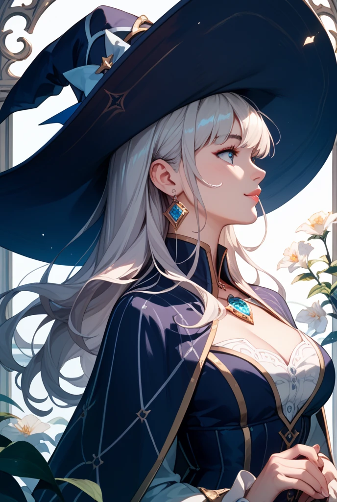 Witch Staring at Tarot Cards Beautuful Women light skinned white hair Dressed in an azure outfit Facing the front 1 persons cute little Gentle