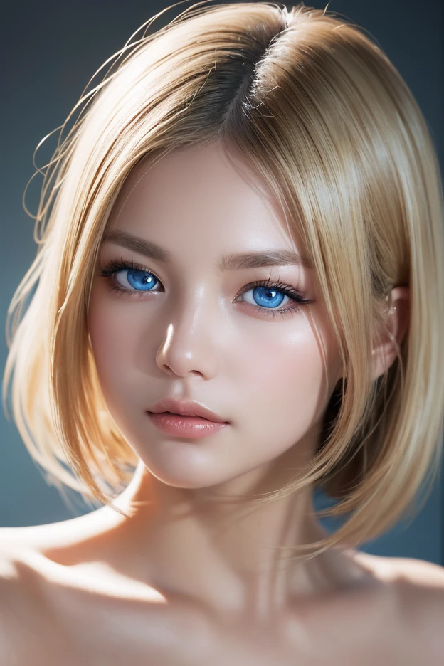 Completely naked、White background,Upper body close-up、 Glossy, firm and shiny skin, Bangs between the eyes, Beautiful luster, Short platinum blonde hair, Short Bob, eyeliner, A very beautiful and innocent 15-year-old girl, High resolution big beautiful light blue eyes, Beautiful and lovely girl, ((beautiful girl、Ultra-high resolution、The lighting is bright、Precise needles without discomfort))、Small Face Beauty、Very white and beautiful young々Fresh skin、Round face、Nipples、White background