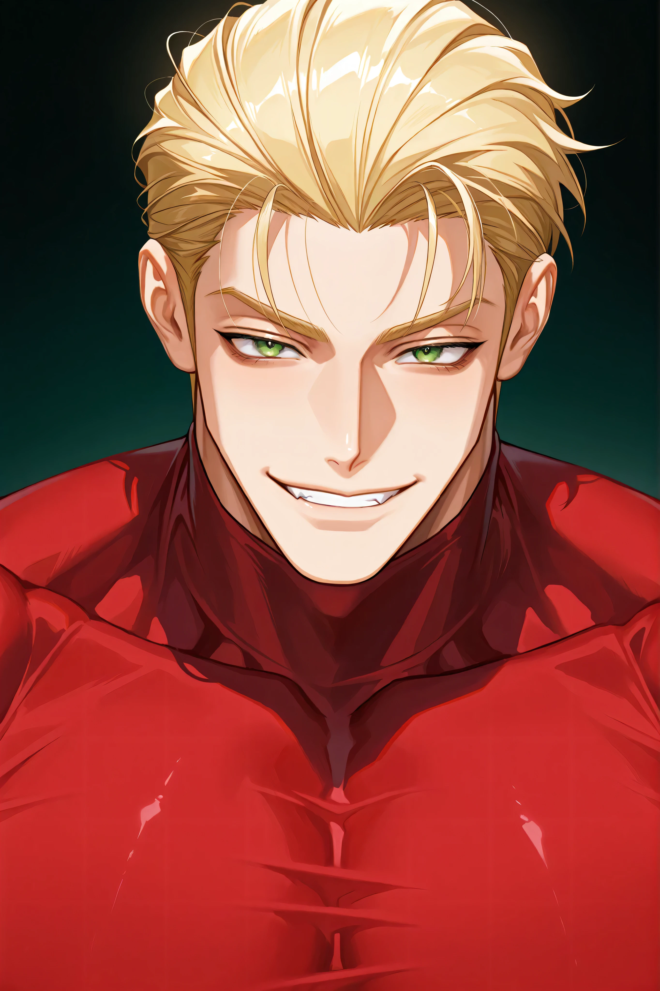 One male , handsome , heavily muscular , bulky body , broad chest , thick arms , short hair , blonde hair , slicked-back hairstyle , keen eyes , green eyes , dark circles under the eyes , playful smile , playful face , red turtleneck shirt , simple background, looking down at viewer , full face , face close up