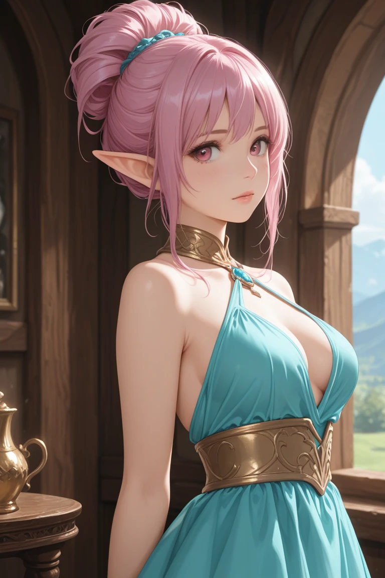 Anime Style,Detailed background,Magical World,People on the balcony,Bard Elf,Large Breasts,Protruding buttocks