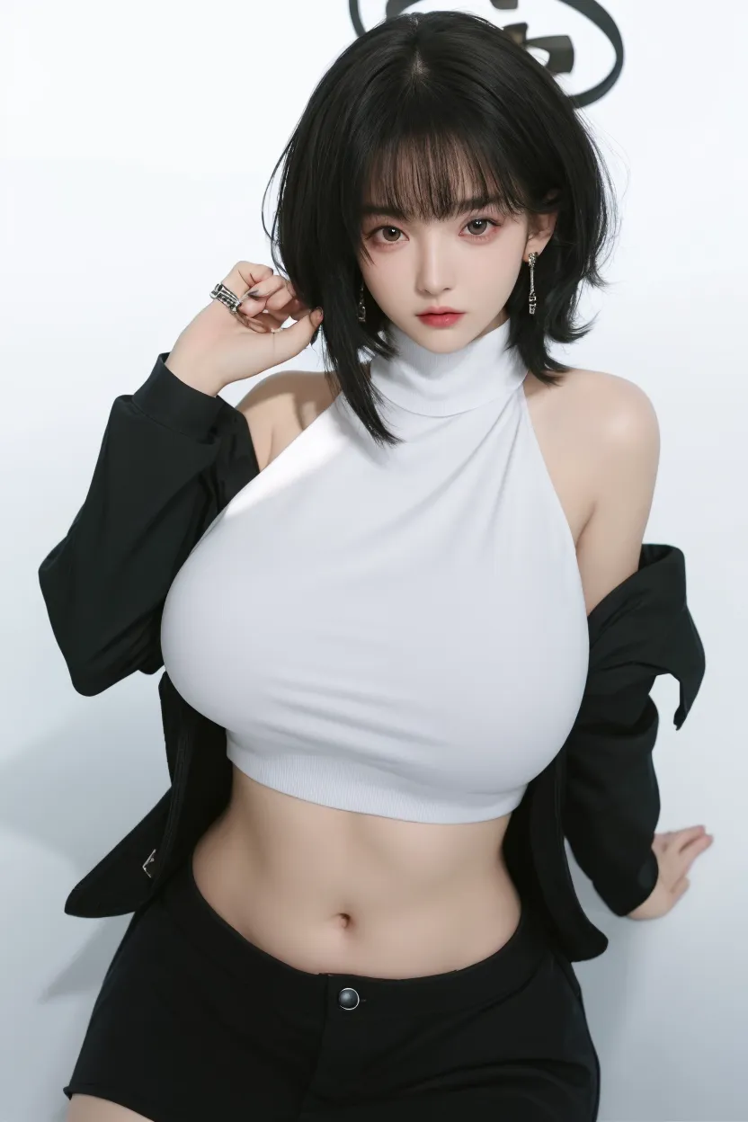 (masterpiece, best quality:1.2), ((huge breasts:1.4)), absurdres, highres, extremely detailed, perfect face, 1boy, male focus, (adult male:1.2), black hair, long hair, messy hair, black eyes, pale skin, white off the shoulder sweater, black sport shorts, bulge, black thigh highs, collar, thick thighs, tall, smiling, femboy, otoko no ko, sfw
