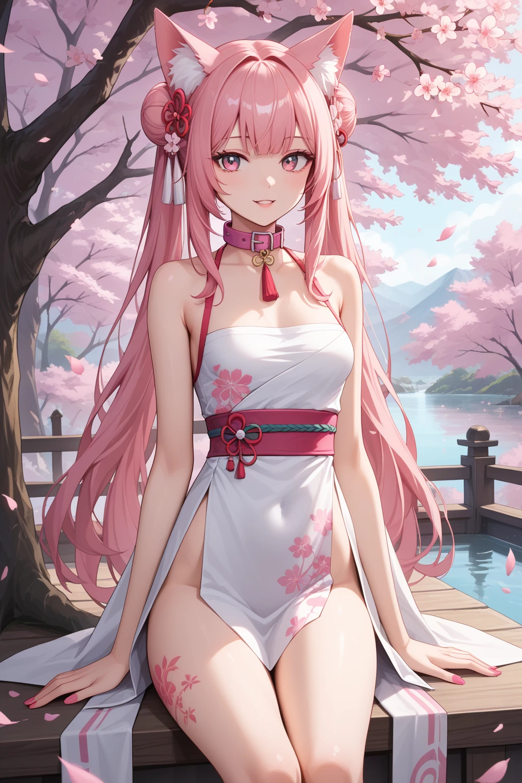 Personification of cherry blossoms、Night Cherry Blossom Frame、Decorative panel、abstract art、By Alphonse Mucha (masterpiece、top-quality、hight resolution: 1.4)、More about realism、intricate-detail、4K、color splashes、line-drawing、Fibonacci、