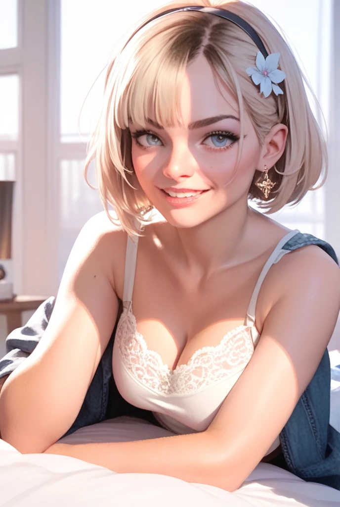 realisticlying, girl,Blonde short、Wearing a polo shirt,Face Real,Doing sexy poses on the bed、Look up from below and make eye contact、Face smile、Expression of desire、Cleavage emphasis,Opera House,Breasts enlarged,Cleavage emphasis,Extra large zoom on chest,Chest zoom