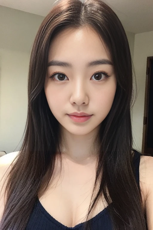 highest quality,masterpiece,Ultra-high resolution,(Realistic:1.4),Beautiful lighting, (Highly detailed CG Unity 8k wallpaper), Beautiful face in every detail,Detailed clothing, 50mm portrait photography, One Girl,Big black eyes, cute, young, Temporarily stop, Facial lighting, Physically Based Rendering,Written boundary depth , Black Hair, Mole under the eye,(Serious face), ((Take from above)), (Please open your mouth wide),Japanese women、20-year-old、camisole、(Large Breasts),Young and beautiful woman taking a selfie, Taken with iPhone camera